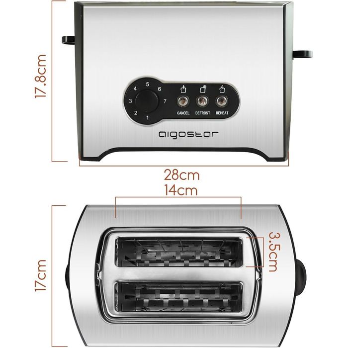 Тостер з нержавіючої сталі Aigostar 2 скибочки, 900 Вт, тостер із 2 частин із подвійним слотом для 2 скибочок, функція розморожування та розігріву, 7 рівнів підрум'янювання, знімний відсік для крихт, чорний