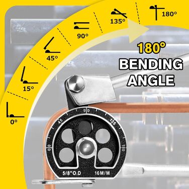 Ручний трубогиб із зовнішнім діаметром 5/8' Надпотужний трубогиб 0-180 градусів для труб з міді, латуні, алюмінію та м'яких металів (16 мм)