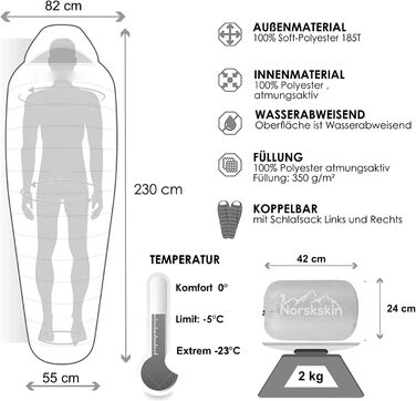 Легкий спальний мішок Norskskin 4 сезони від 0C до -23C - довгий спальний мішок для мумії (230 x 82 см) - водовідштовхувальний спальний мішок на відкритому повітрі з відділенням для подушки на блискавці зліва
