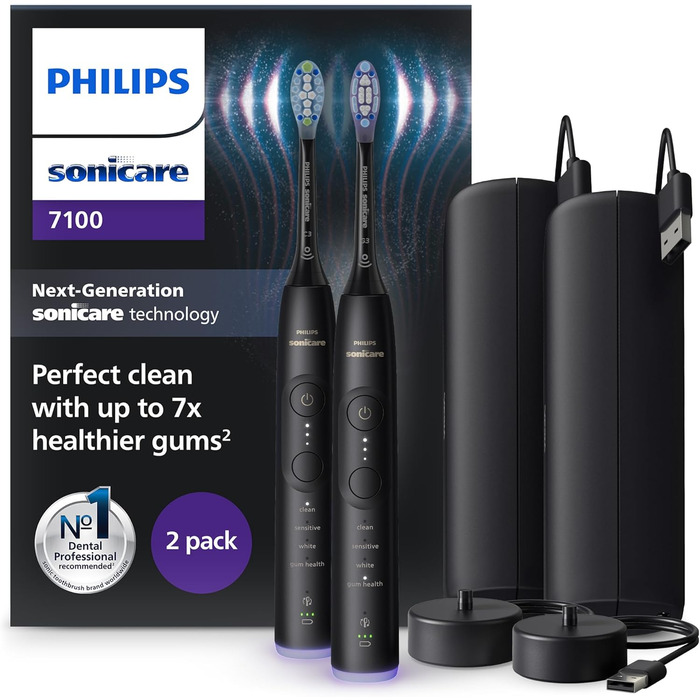 Електрична зубна щітка Philips Sonicare 7100, звукова зубна щітка з додатком, 4 режими очищення та 3 рівні інтенсивності, контроль тиску, EasyStart, SmarTimer і BrushPacer, чорна, 2 шт., модель HX7429/03