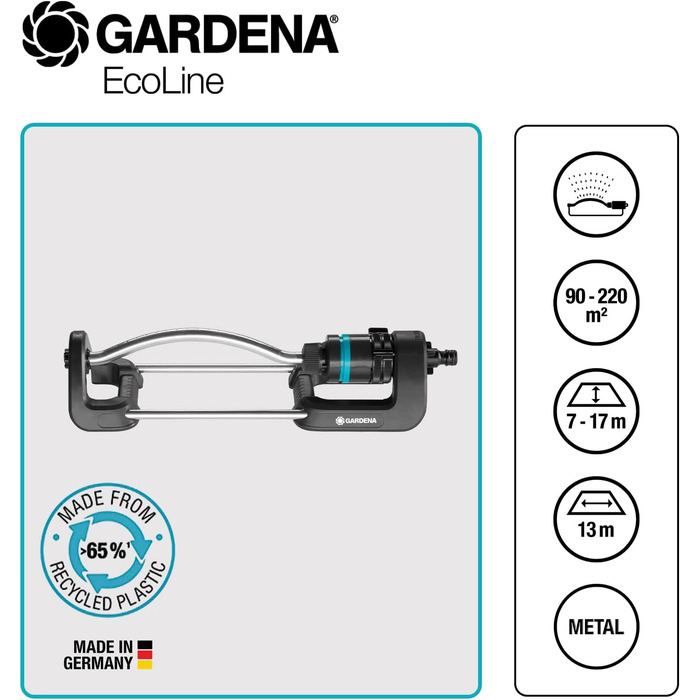 Компактний осцилюючий спринклер Gardena AquaZoom спринклер для зрошення корисних площ від 9 до 216 м, дальність 3-18 м, діапазон дощування 3-12 м, вбудований внутрішній фільтр (18708-20) (90 м - макс. 220 м - EcoLine)
