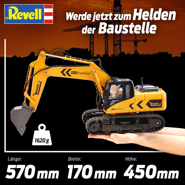 Гусеничний екскаватор Revell Control 24924 RC Digger 2.0, ланцюговий привід, змінні лопата і захват для дерев, підходить для використання на відкритому повітрі, акумуляторна батарея Екскаватор з дистанційним керуванням, 2,4 ГГц, жовтий Екскаватор 2.0