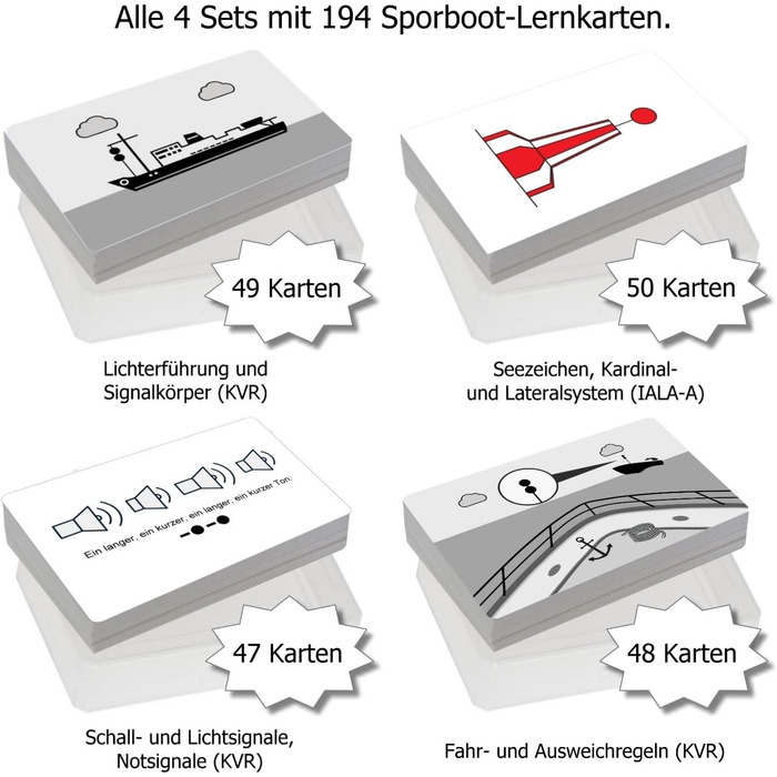 Повна коробка - 194 картки для прогулянкових суден - навігаційні знаки, світлові орієнтири, правила обходу, звукові сигнали - ідеальні аксесуари для ліцензії прогулянкового судна, вітрильного спорту та катання на човнах