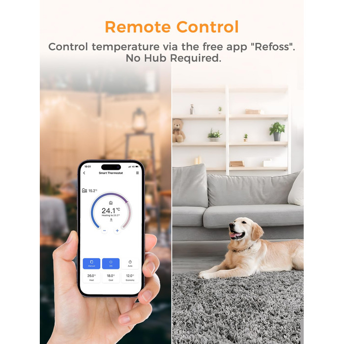 Термостат опалення Refoss WiFi, термостат водяної теплої підлоги, бойлер, розумний термостат, кімнатний термостат голосового керування, настінний інтелектуальний цифровий термостат дистанційного керування для HomeKit, Alexa, Google