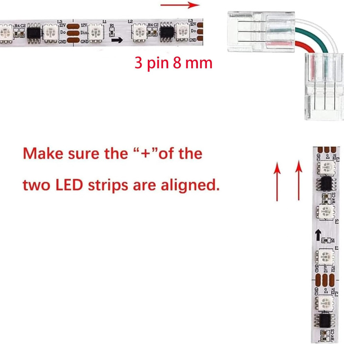 Кутовий конектор світлодіодної стрічки Amefil 3 контакти для світлодіодної стрічки WS2811 WS2812 12 В 24 В шириною 8 мм, без пайки, швидке підключення, 5 шт.