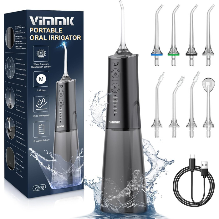 Іригатор порожнини рота Акумуляторний електричний очищувач зубів, Vimmk Dental Irrigator Water Flosser 5 режимів і 8 насадок Акумуляторна нитка для води USB-C IPX7 водонепроникний, резервуар для води 300 мл Очищувач порожнини рота (чорний)