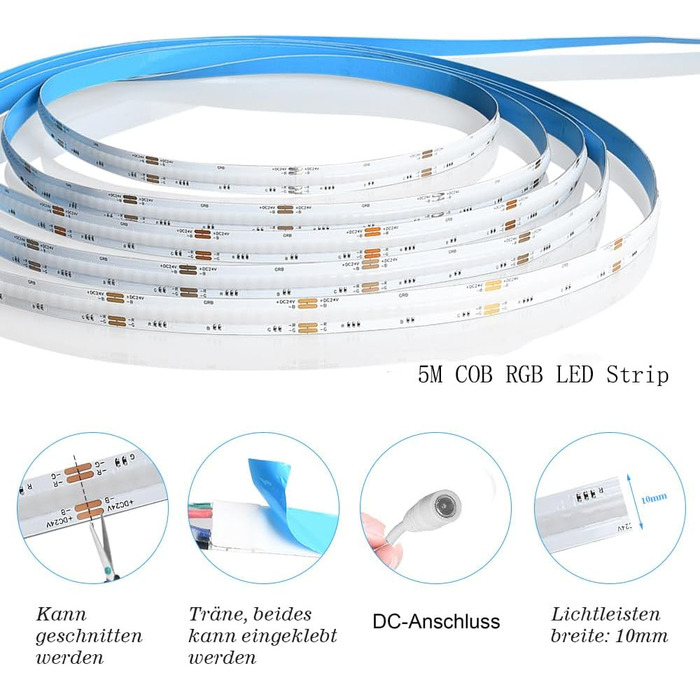 Інтелектуальні світлодіодні стрічки WIFI COB RGB 576 світлодіодів/м 5760 світлодіодів 24 В деформований світлодіодний світильник із можливістю затемнення з дистанційним керуванням, смугова світлова стрічка працює з Google Home Assistant/Alexa (5 м без жив