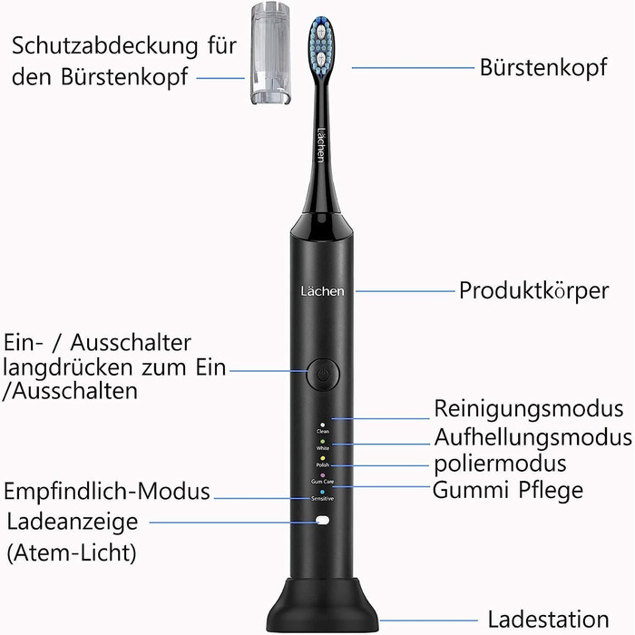 Електрична зубна щітка Lchen, Звукова зубна щітка Lchen, 5 програм чищення з дорожнім кейсом, 6 насадок для зубних щіток, акумуляторна, водонепроникна IPX7, чорна B-чорна