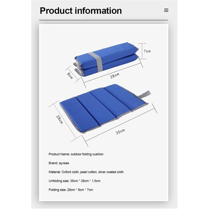 Складний складаний відкритий кемпінговий килимок Сидіння Поролонова подушка Портативне водонепроникне крісло Пляжний килимок для пікніка Сидіння Подушечка для піших прогулянок(03)