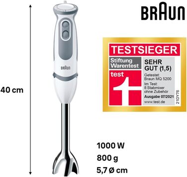 Ручний блендер Braun MQ 5200WH - блендер MultiQuick 5 Vario з основою блендера з нержавіючої сталі, 1000 Вт, в т.ч. 600 мл, білий/сірий Змішувальні та мірні чашки Білий/Сірий