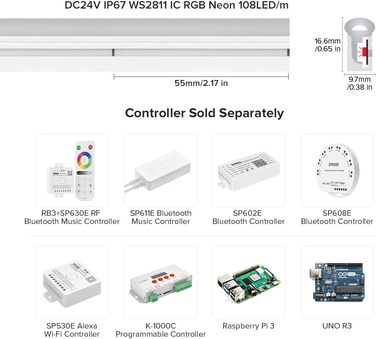 Зі світлодіодною стрічкою WS2811 IC 3M 108LEDs/M, гнучка неонова світлодіодна стрічка DC24V IP67 водонепроникна світлодіодна стрічка з роз'ємами, неонова світлодіодна стрічка з можливістю затемнення для вітальні, спальні, оздоблення стін 24V 3M 108LEDs/M 