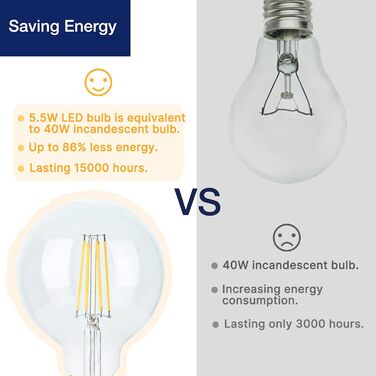 Вт (замінює 40 Вт), G95 Ретро світлодіодна нитка розжарювання Лампочка Едісона E27 Vintage, лампочка 550 лм E27 2700K тепла біла, 3 шт. и (прозоре скло), 27 LED Vintage, 5,5