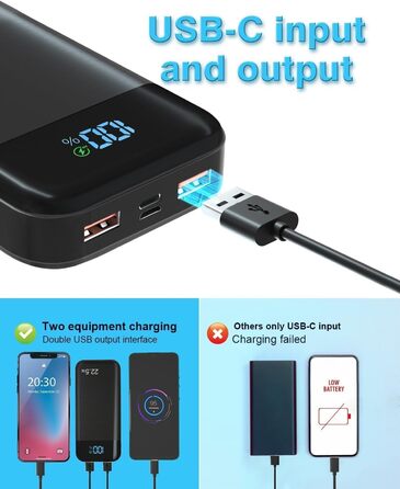 Зовнішній акумулятор мобільного телефону PD20W Швидка зарядка Powerbank USB C зі світлодіодним дисплеєм 3 виходи і 2 входи Портативний зарядний пристрій для смартфонів (003), 27,000mAh 22.5W