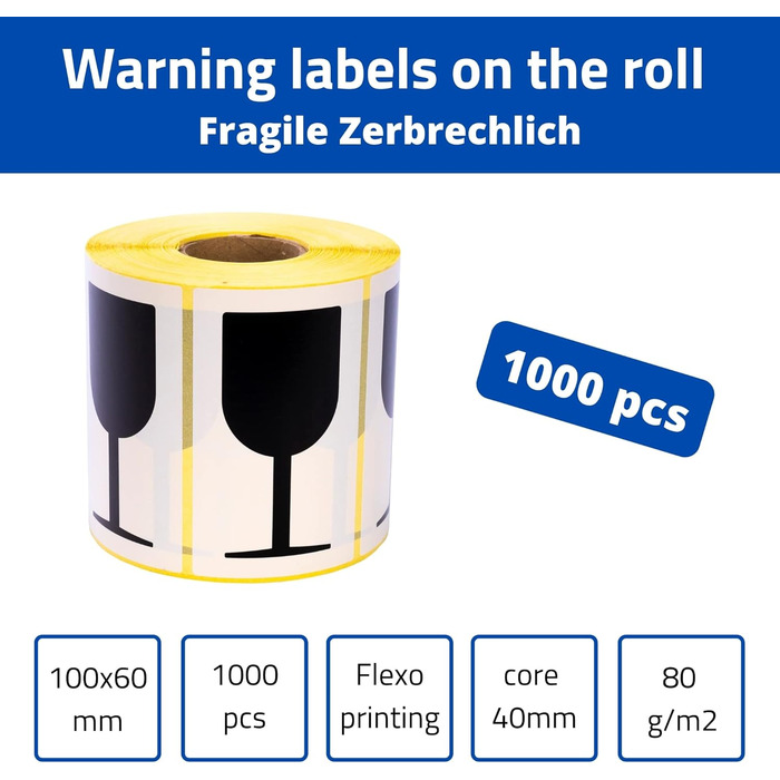 Тендітні попереджувальні етикетки в рулоні 100х60мм 1000шт. Крихкий/крихкий - Транспортні етикетки з чорного скла - Етикетки на упаковці - Наклейки з обережного скла