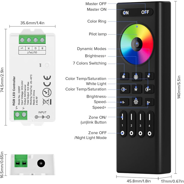 Пульт дистанційного керування RC02RFB&C02RF Комплект контролера 4-зонний радіочастотний 2.4 ГГц бездротовий пульт дистанційного керування Груповий контроль для 3-контактної світлодіодної стрічки CCT (V, CW) DC5V, DC12V, DC24V (для RGB, пульта дистанційног