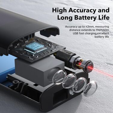 Лазерний далекомір, IPSXP 60M 196Ft USB акумуляторний лазерний цифровий далекомір, портативний далекомір з РК-підсвічуванням, діапазон вимірювання 0,05-60м, точність вимірювання 2мм, з мотузкою для перенесення