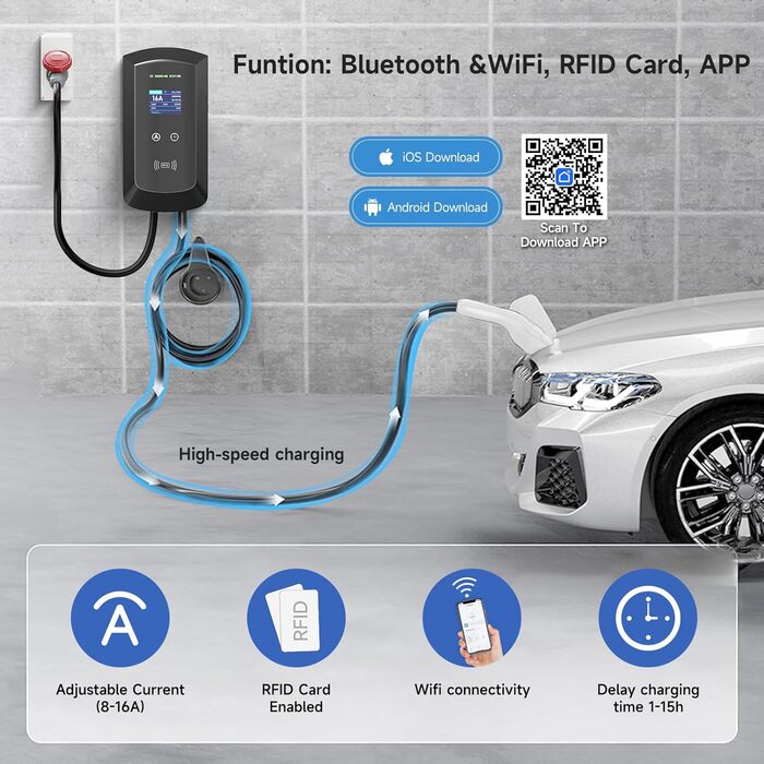 Станція для зарядки електромобіля з додатком Smart App, 8-16A CEE 3 Phase Plug, IP65, WiFi і Bluetooth, RFID-карта, Electric Car Wallbox Підходить для i3, e-Up, ID.3, ID.4, Zoe, 11kW Wallbox/