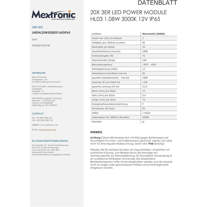 Набір світлодіодних модулів Mextronic 20 шт. 3 шт. Світлодіодний модуль живлення HL03 1.08W 3000K 12V IP65