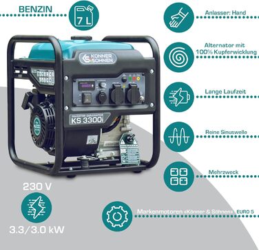 Бензиновий інверторний генератор 3300Вт, електрогенератор з 2xSchuko 230V, генератор аварійного живлення з LED дисплеєм, генератор з мідними обмотками, EURO 5, 3300i.