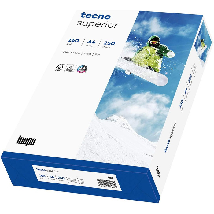 Принтер/копіювальний папір tecno Superior 160 г/м, A4, 250 аркушів, яскраво-білий 160 г/м 250 аркушів Одинарний