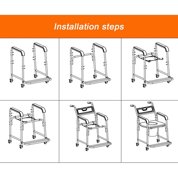 Туалетний стілець 4-в-1 з колесами, туалетний стілець, інвалідний візок, крісло для транспортування душу, ванна кімната, 4 колісних гальма, складна педаль, мобільний туалет для людей похилого віку та інвалідів, 2