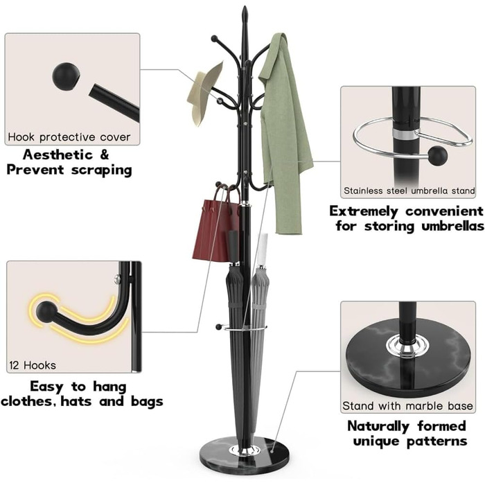Підставка для парасольки Durmmur Металева вішалка Окремо стояча, Вішалка з основою з натурального мармуру, Вішалка з тримачем для парасольки Підставка для парасольки для вхідної зони, 9868