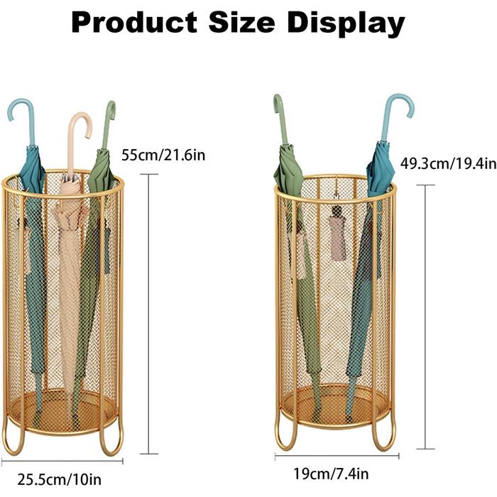 Тримач для парасольки XYXHEII з піддоном для крапель води та гачком, окремо стояча підставка для палиці, підставка для парасольки сучасного дизайну, підставка для парасольки з нержавіючої сталі (золота маленька)