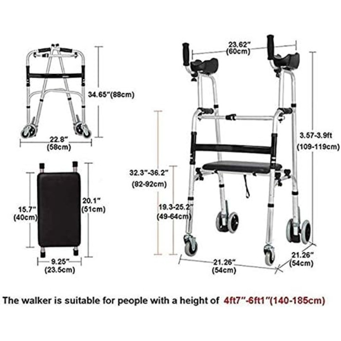 Складні ходунки, допоміжні засоби для ходьби для людей похилого віку, регульовані за допомогою коліщаток і підлокітників, з сумкою та підсідельною дошкою, допоміжний засіб для ходьби для інвалідів, людей похилого віку, які чогось прагнуть