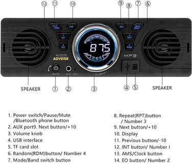 Автомобільна стереосистема Bluetooth Handsfree Стерео FM 2 Підтримка відтворення аудіо USB SD AUX, 1 din AV252