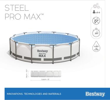 Комплект каркасного басейну Bestway Steel Pro MAX з фільтруючим насосом Ø 366 x 76 см, світло-сірий, круглий