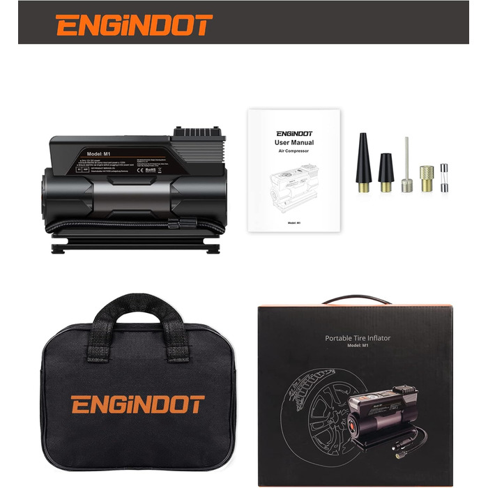 Повітряний компресор ENGINDOT 150PSI, насос для шин 12 В з цифровим світлодіодним РК-ліхтариком, електричний повітряний насос для автомобільних шин, велосипедів, мотоциклів і м'ячів, включаючи набір адаптерів Сумка для інструментів