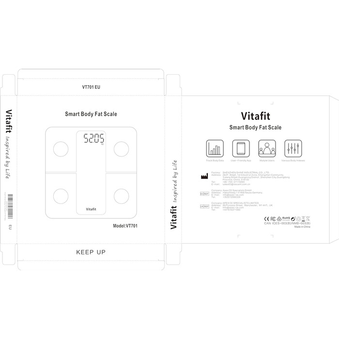 Персональні ваги Vitafit Body Fat Scale з додатком 180 кг, шкала складу тіла з Bluetooth, ваги для людей з жиром і м'язовою масою, ІМТ, білок, BMR, чорна шкала жиру в організмі чорна