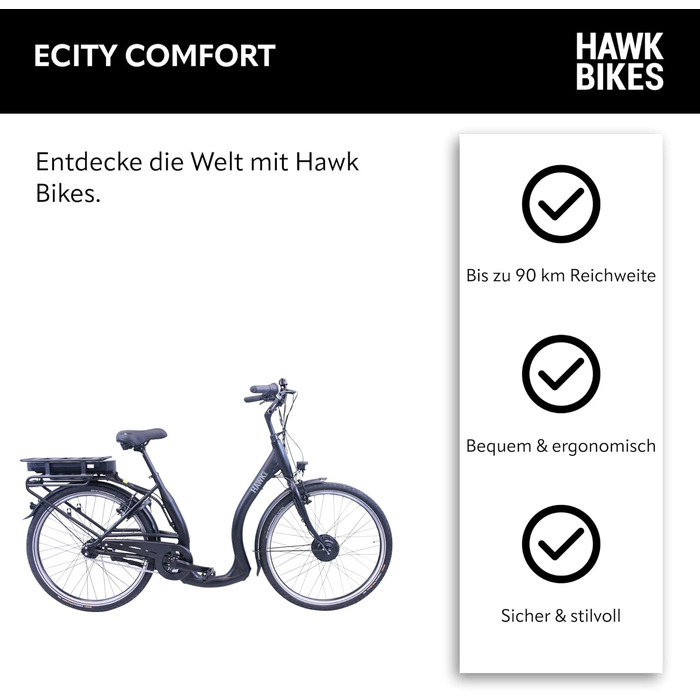 Чоловічий та жіночий електронний велосипед HAWK eCity Comfort 250 Вт I Велосипед з алюмінієвою рамою I Велосипед чоловічий 26-дюймовий з низьким входом 7-швидкісними втулковими шестернями