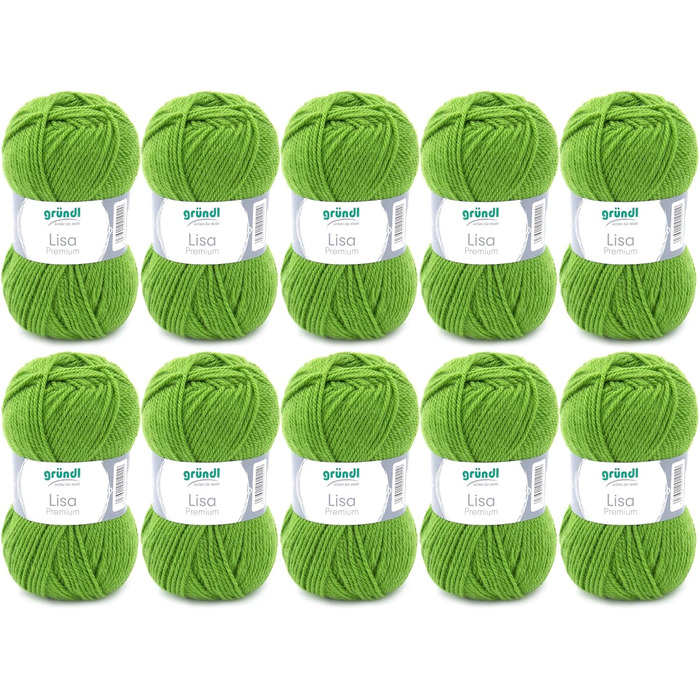 Пряжа Grndl Lisa Premium Uni Knitting & Crochet Yarn (м'яка і вовняний характер, проста в догляді миється трикотажна пряжа з 100 поліакрилу, 50 г/ 133 м, розмір голки 3,5 - 4,5, 10 клубків по 50 г кожен), (травневий зелений)