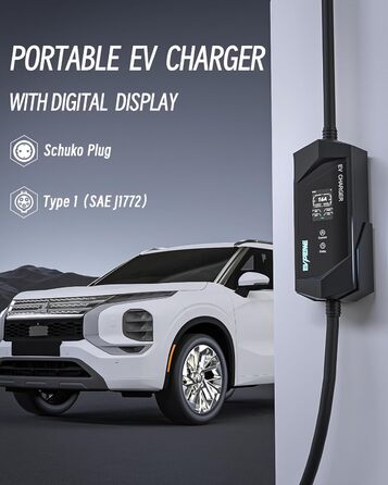 1 Charging Cable Schuko EV Charger 3.68KW, 1 Phase, 5M, Adjustable Current 6-16A Portable Home EVSE Charger for Electric Vehicle SAE J1772, EV Charging Station with Carrying Bag, IP65, 1 Charging Cable Schuko EV Charger 3.68KW, 1 Phase, 5M, Adjustable Cur