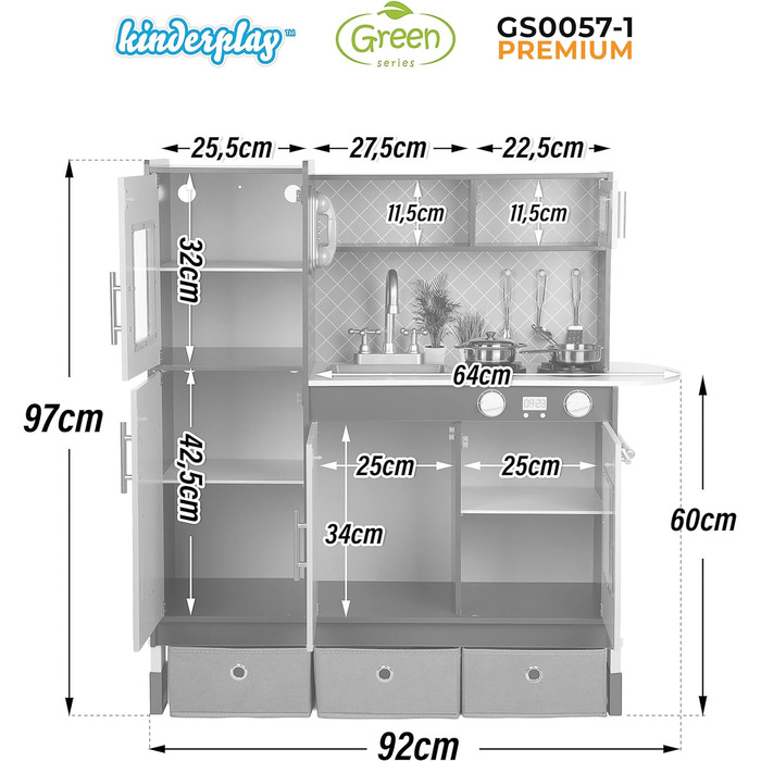 Зелена серія Велика ігрова кухня з дерева - Сіра дитяча кухня з дерева, дитяча кухня зі світлом і звуком, ігрова кухня висотою від 83 до 97 см, до стільниці від 46 до 60 см, (GS0057-1)