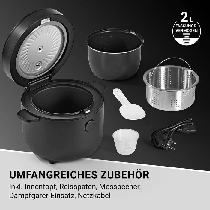 Цифрова рисоварка N8WERK ємністю 2 літри 5 Програми Сенсорний дисплей без прилипання та кипіння Автоматична функція збереження тепла та захист від перегріву з вставкою для відпарювача Midnight Black