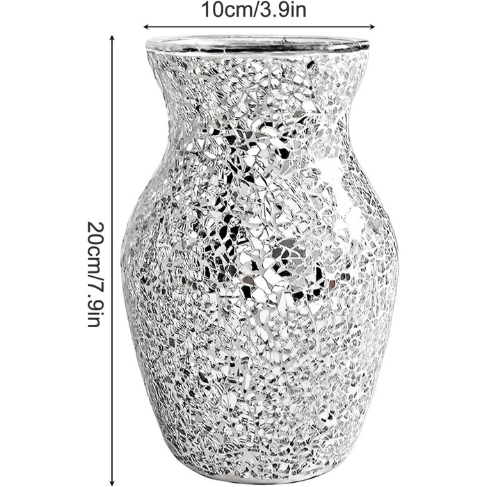 Блискуча, стильна мозаїчна скляна ваза для квітів, дзеркальна мозаїчна скляна ваза, срібна ваза для квітів, елегантні декоративні мозаїчні вази, широко відкриваюча ваза для вітальні, їдальні, спальні, (1)