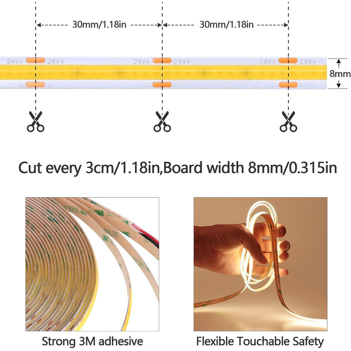 Світлодіодна стрічка 3000K Світлодіодна стрічка тепла біла 384 світлодіоди/м Самоклеюча CRI 93 Висока яскравість 6800 лм Неводонепроникна світлодіодна стрічка IP20 для прикраси будинку в приміщенні (тільки стрічка) (теплий білий, 15 метрів), 24V 10M COB