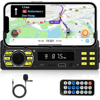 З Bluetooth, MP3-плеєр з FM-радіо, підтримка автомобільної стереосистеми 1 Din BT Hands-free/еквалайзер/керування на кермі/USB/зарядка/TF/AUX-вхід, цифровий медіа-ресивер (з тримачем телефону), 1 Din