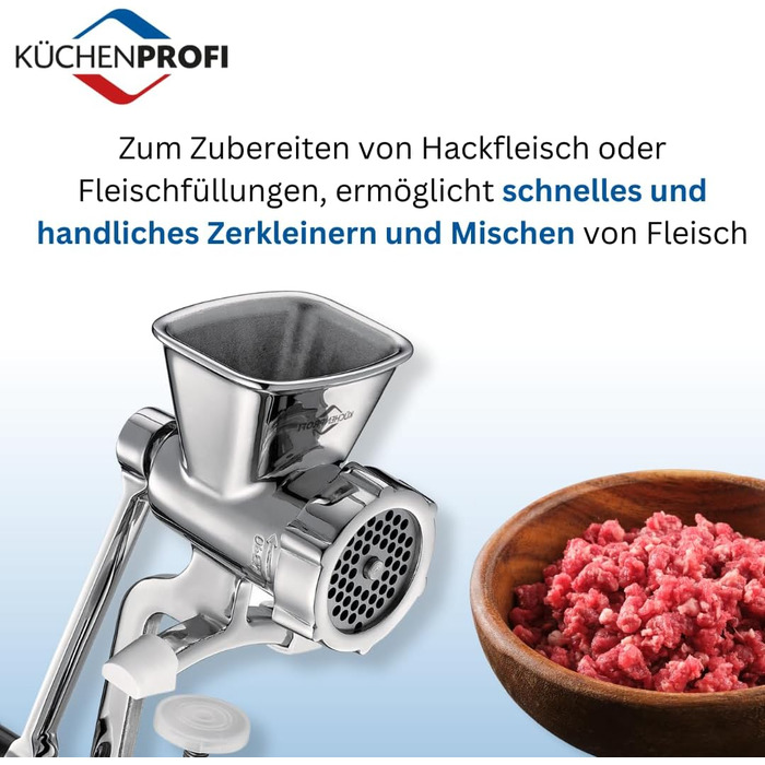 Ручна м'ясорубка Kchenprofi SOLIDO з нержавіючої сталі, в т.ч. 3 перфорованих диска та насадка для печива, для подрібнення м'яса, як кондитерський прес для печива та багато іншого, з надзвичайно великим затискачем для столу
