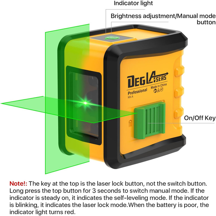 Самовирівнюючий лазерний нівелір DEGLASERS 100ft green cross line laser level, 3 налаштування яскравості, ручне самовирівнювання та імпульсний режим, водонепроникність IP54, магнітний тримач