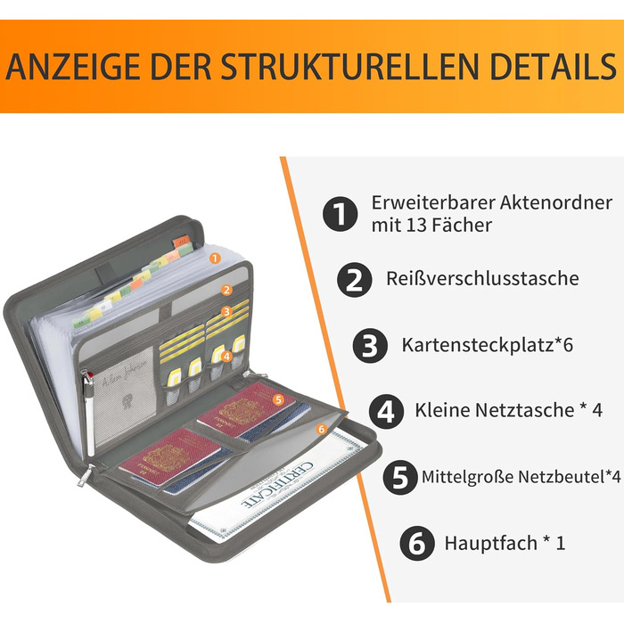Папка для документів A4 з 13 відділеннями та кількома відділеннями - Вогнетривка сумка для документів із застібкою-блискавкою та етикетками - для файлів формату А4 Закордонний паспорт Квитанція та інше (L, Прозора гармошка з 13 кишенями, Сіра), 4 -