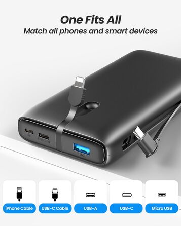 Зовнішній акумулятор SOARAISE Powerbank 26800mAh - USB C Power Bank з інтегрованими кабелями 22,5 Вт Швидка зарядка Портативний зарядний пристрій 4 виходи та 2 входи для мобільних телефонів та планшетів чорний