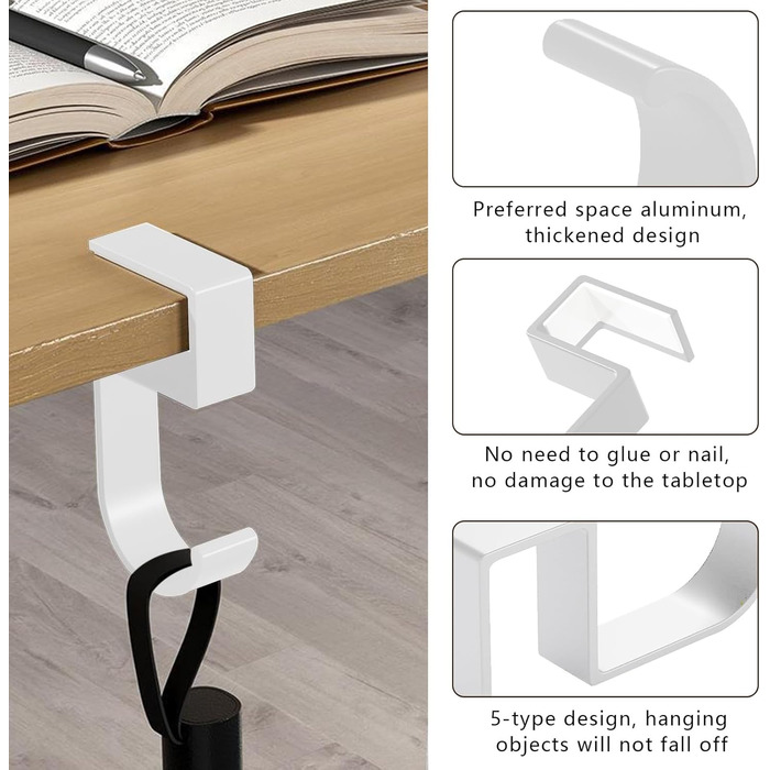 Тримач сумок Boutihao для столу, гачок для настільної сумочки з 4-х частин, протиковзкий тримач для сумок, використовується для офісних столів, навчальних столів, комп'ютерних столів (білий)