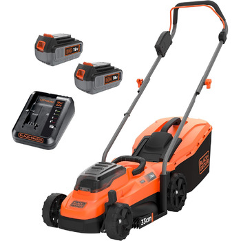 Акумуляторна газонокосарка BlackDecker BCMW33184L2 (живлення від 2 акумуляторів 18 В, 4,0 Ач, ширина зрізу 33 см, для газонів середнього розміру до 400 м, 5-позиційне регулювання висоти, в комплекті 2 акумулятора, зарядний пристрій)