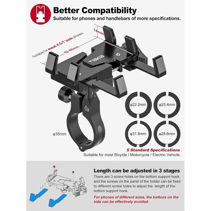 Тримач для мобільного телефону Tiakia Велосипедний алюмінієвий мотоциклетний тримач для мобільного телефону 6 кігтів з обертанням на 360, універсальний тримач для мобільного телефону Встановлення без інструментів Тримач мобільного телефону Велосипед для т