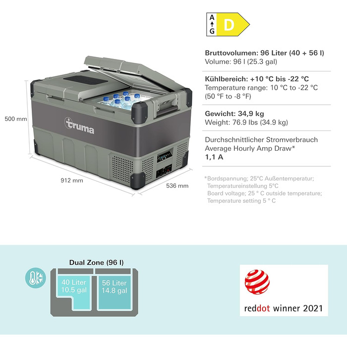 Компресорний холодильник Truma Cooler C96DZ (41 л 55 л) Dual Zone (2 температурні зони) - мобільний холодильник для автомобіля, кемпінгу, подорожей - DC 12/24 В, AC 100-240 В Dual Zone (41 55 л)