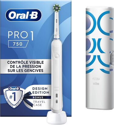 Електрична зубна щітка Oral-B Pro 1 750, 1 головка та дорожній кейс, дизайн Braun, білий, оригінальні подарунки