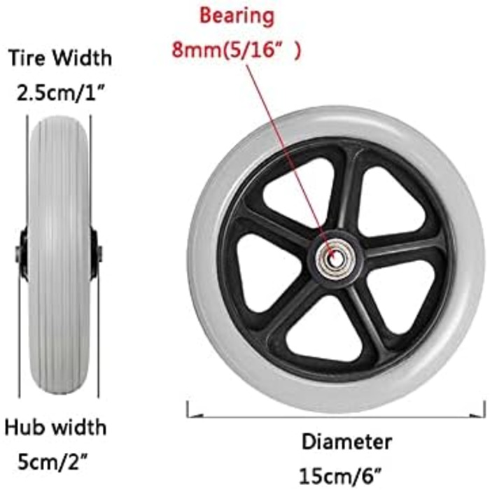 Дюймові передні колеса для інвалідного візка, аксесуари для інвалідних візків, тверда шина ПВХ, для ручних інвалідних візків, допоміжні засоби для ходьби, 1 пара/сірий/15см/6 дюймів, 6-